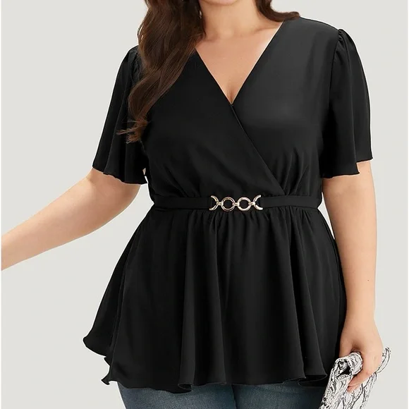 BloomChic Black Flutter Sleeve Wrap Peplum Blouse Plus Size 3X - Picture 1 of 7